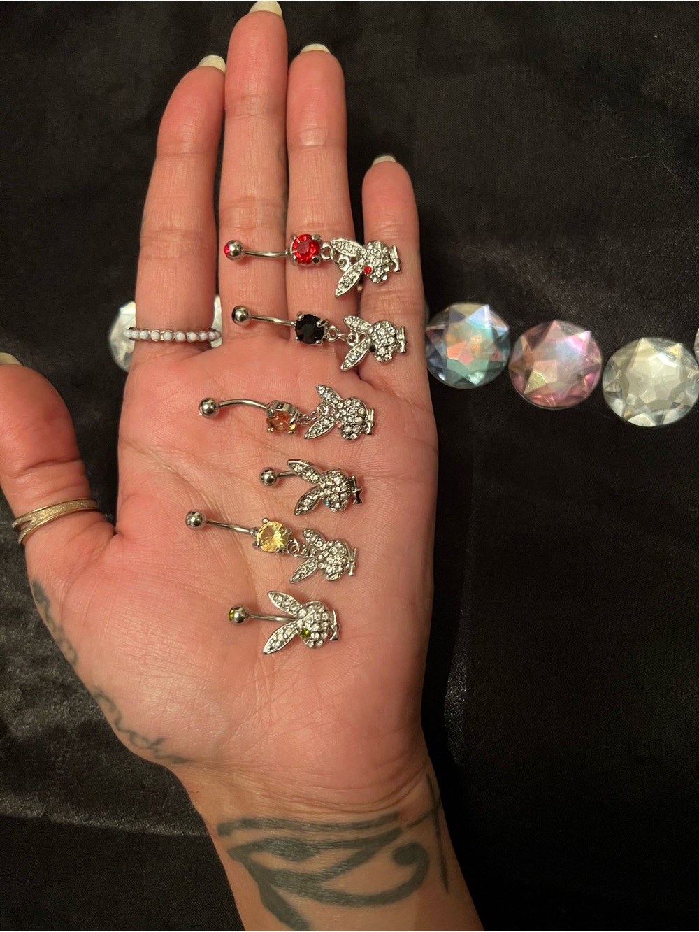 6 Piece Rhinestone Bunny Charm Belly Ring - Multi Color Options